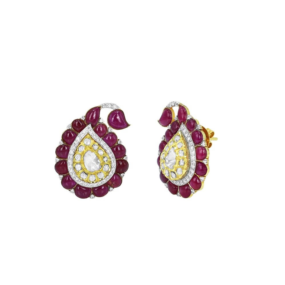 Red colourstone Cabochon Earrings with Polki Diamonds
